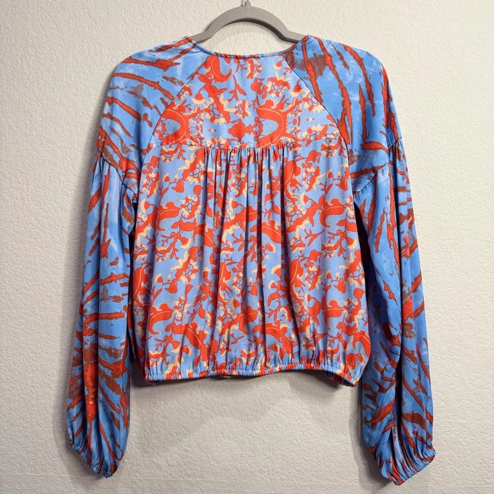 Free People Long Sleeve Printed Top V-Neck Blue Orange Small Boho Lightweight